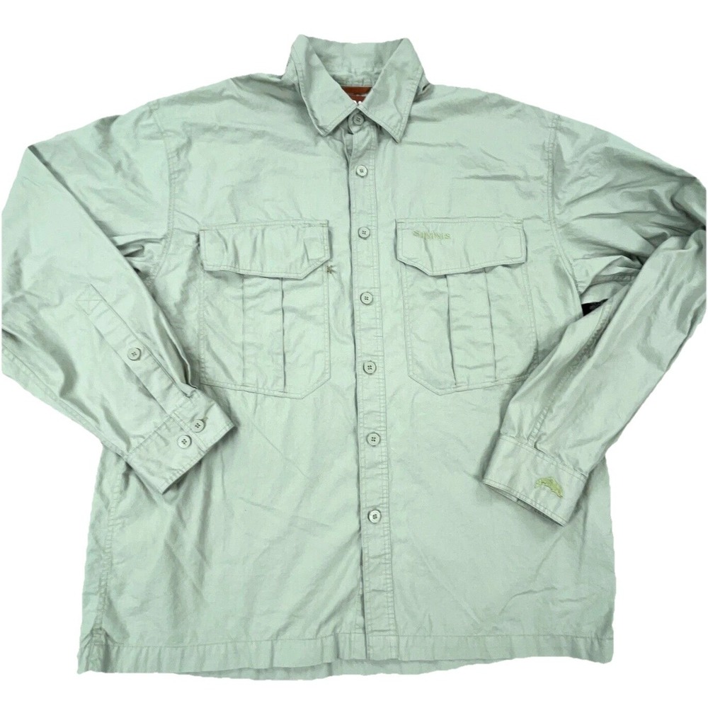 Simms Shirt Men Medium Green Button Up Outdoors Fishing Camp Pockets Adult - Picture 1 of 9